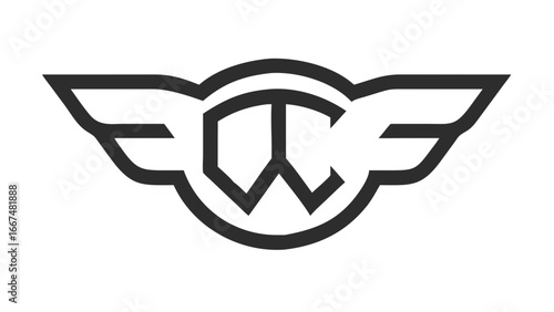 A stylized dark gray emblem featuring a circular peace symbol with outstretched wings on a solid black background representing harmony and freedom