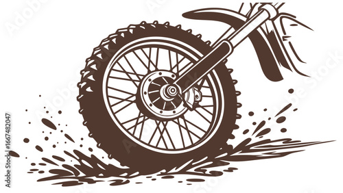 Close up illustration of a dirt bike wheel kicking up mud and water splashes while in motion on a white background