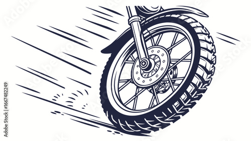 Dynamic illustration of a motorcycle wheel in motion with tire tracks and speed lines conveying speed and adventure on a white background