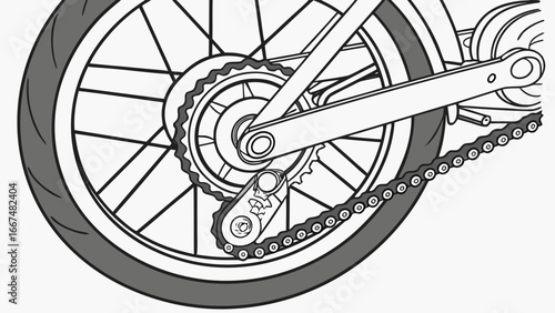 Detailed illustration of a bicycle rear wheel hub and chain drive system showing the sprocket chain and tensioner mechanism in a clean line art style