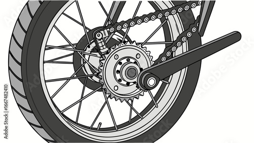 Close up illustration of a bicycle rear wheel with chain and crank showcasing the intricate details of the drivetrain and spokes against a white background
