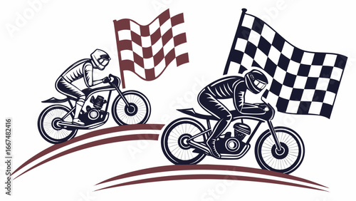 Two motorcycle racers in full gear speed towards the finish line waving checkered flags symbolizing competition and victory in a dynamic race