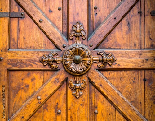 Magnificent vintage wooden door with elaborate iron fittings and detailed woodwork showing