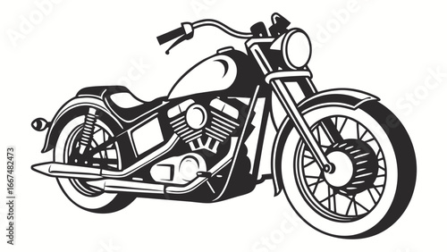 Classic american chopper motorcycle with detailed engine and spoked wheels in bold black and white vector illustration