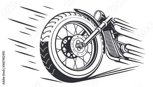 Dynamic close up of a motorcycle wheel in motion with speed lines and a stylized chrome exhaust pipe creating a sense of powerful forward momentum