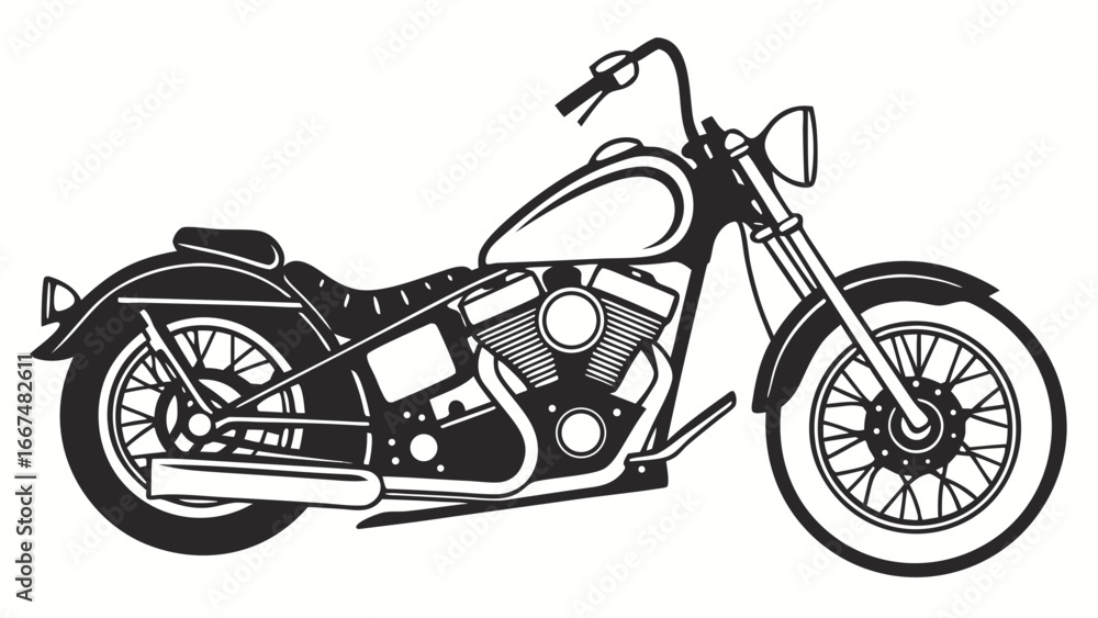 Fototapeta premium Classic american v twin engine motorcycle chopper style with chrome accents and spoked wheels isolated on white background vector illustration