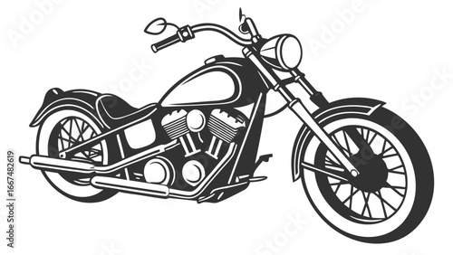 Classic american v twin engine cruiser motorcycle in a bold black and white graphic illustration style
