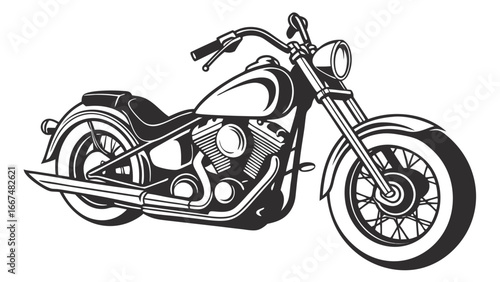 Classic american chopper motorcycle illustration in black and white with detailed engine and spoked wheels