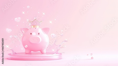 Whimsical pink piggy bank with royal crystal crown sh