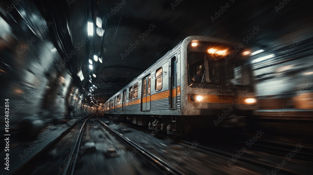 Naklejka premium Subway train speeding through dark tunnel