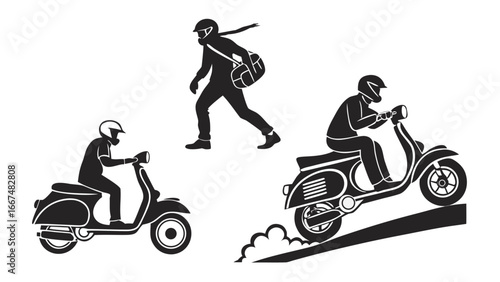 Silhouette of a person walking with a duffel bag and two people riding vintage scooters on a white background
