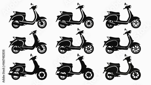 Collection of nine silhouette illustrations of classic vintage scooters in various side profile views showcasing different wheel designs and body styles