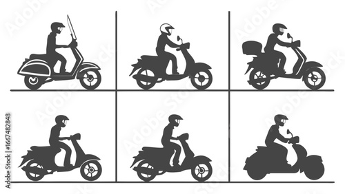 Collection of six silhouette illustrations depicting people riding different styles of scooters and motorbikes in various poses and with accessories