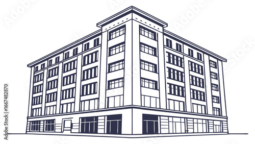 A stylized black and white line drawing illustration of a classic multi story corner building with many windows and a flat roof