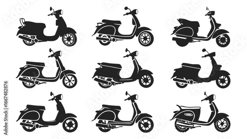 Collection of nine black silhouette retro vintage scooters and mopeds displayed from different angles on a white background for graphic design