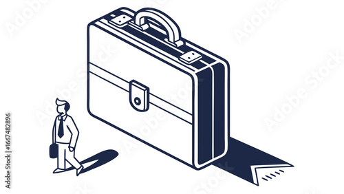 A stylized businessman walks towards a giant briefcase casting a long shadow that transforms into a forward pointing arrow signifying progress and ambition