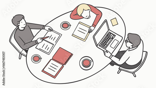 Three diverse people collaborate around a table with laptops documents and coffee cups discussing ideas and working together in a modern office setting