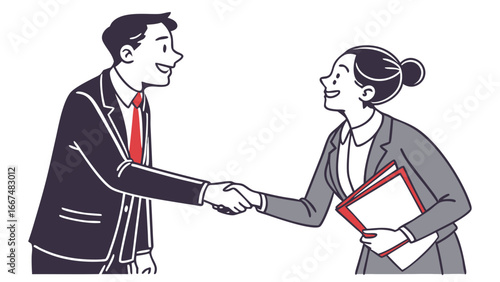 A smiling businessman and businesswoman in professional attire shake hands in a gesture of agreement and partnership on a white background