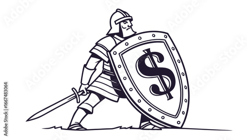 A determined medieval knight in armor holding a sword and a large shield emblazoned with a dollar sign protecting financial assets