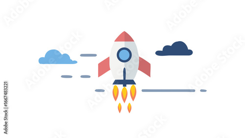 A vibrant cartoon style rocket ship blasting off into the dark night sky with clouds and motion lines representing speed and progress