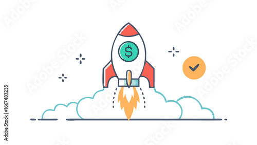 Successful financial launch rocketship ascending through clouds with dollar symbol and checkmark symbol representing growth and achievement
