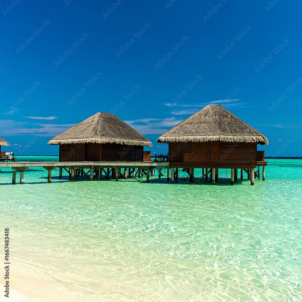 Fototapeta premium Overwater bungalows on a tropical beach