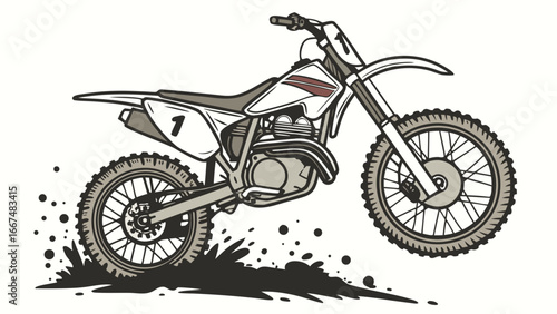 Dynamic illustration of a number one dirt bike kicking up a spray of mud and dirt while in motion on a white background