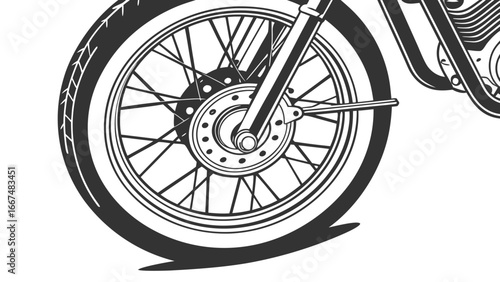 Detailed black and white illustration of a vintage motorcycle s spoked front wheel and suspension system against a clean white background