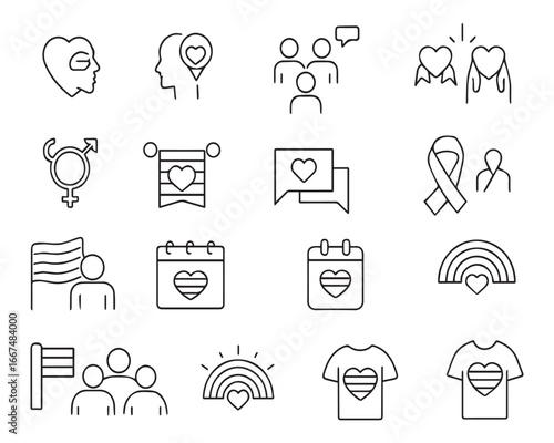 Set of line icons related to pride month, pride parade, lgbt, diversity inclusion, diversity. Outline icon collection