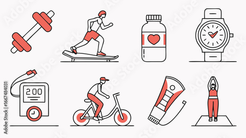 Collection of modern line art icons representing various fitness and health activities including a dumbbell water bottle watch blood pressure monitor skateboarder cyclist yoga person and energy bar