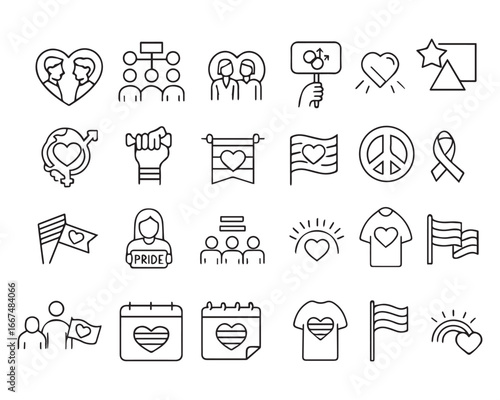 Set of line icons related to pride month, pride parade, lgbt, diversity inclusion, diversity. Outline icon collection