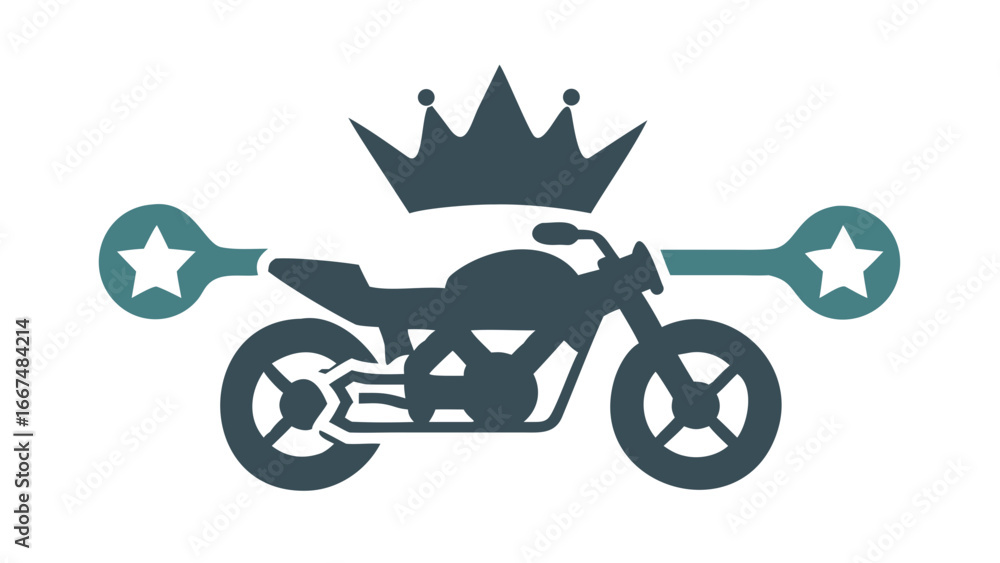 Obraz premium Stylized dark blue motorcycle silhouette with a crown on top and teal star emblems on either side representing speed and victory