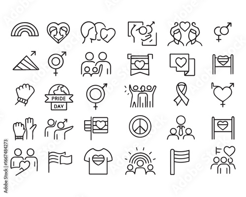 Set of line icons related to pride month, pride parade, lgbt, diversity inclusion, diversity. Outline icon collection