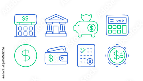 A collection of financial icons including a bank piggy bank calculator wallet coin and checklist with dollar signs and currency symbols on a black background