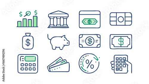A collection of simple hand drawn financial icons including a bank building money bag piggy bank calculator credit card cash and a growth chart symbolizing finance and savings