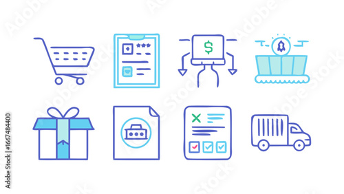Collection of stylized neon blue and purple line art icons representing e commerce and delivery services on a black background