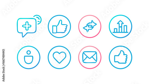 Collection of social media icons featuring a chat bubble with a plus sign thumbs up exchange arrows growth chart user profile heart envelope and another thumbs up