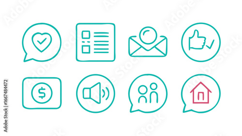 Collection of modern minimalist line art icons representing various digital communication and social media functions on a black background