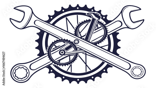 Stylized emblem of bicycle repair featuring crossed wrenches sprockets and a hammer symbolizing cycling maintenance and mechanics