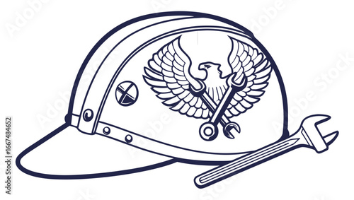 Stylized illustration of a dark blue outline of a hard hat with an eagle emblem and crossed wrenches symbolizing skilled labor and craftsmanship