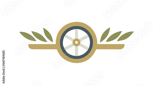 Stylized vintage wagon wheel with laurel leaves on a black background representing heritage and tradition