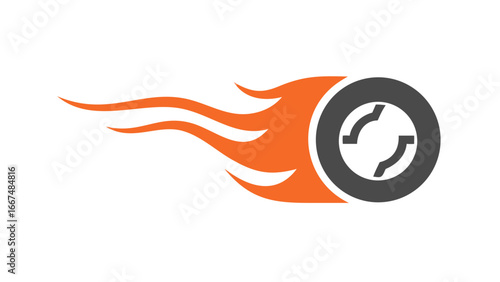 Stylized illustration of a tire engulfed in orange flames symbolizing speed power and motion against a stark black background
