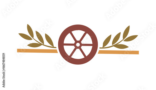 Rustic wooden wagon wheel with laurel branches and a horizontal bar on a black background symbolizing heritage and tradition