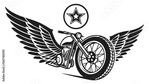 Classic motorcycle with feathered wings and a star emblem in a circle representing freedom speed and adventure