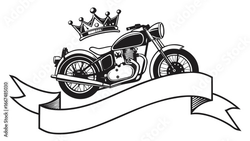 Classic motorcycle emblem with crown and ribbon for biker club or automotive design elements