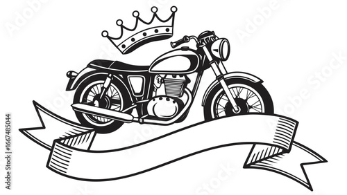 Iconic black and white illustration of a classic motorcycle adorned with a royal crown and a blank banner for text