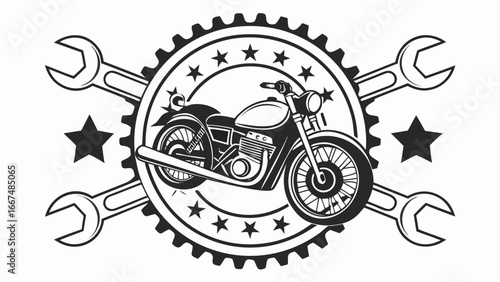 Classic motorcycle emblem with wrench and gear elements symbolizing automotive repair and biker culture