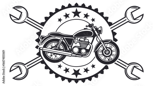 Retro motorcycle emblem featuring a classic bike surrounded by stars and crossed wrenches symbolizing repair and customization