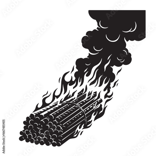 Burning bundle of sticks in black and white showing flames and smoke rising upward