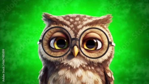 Animated Owl Wearing Glasses Green Screen Close Up